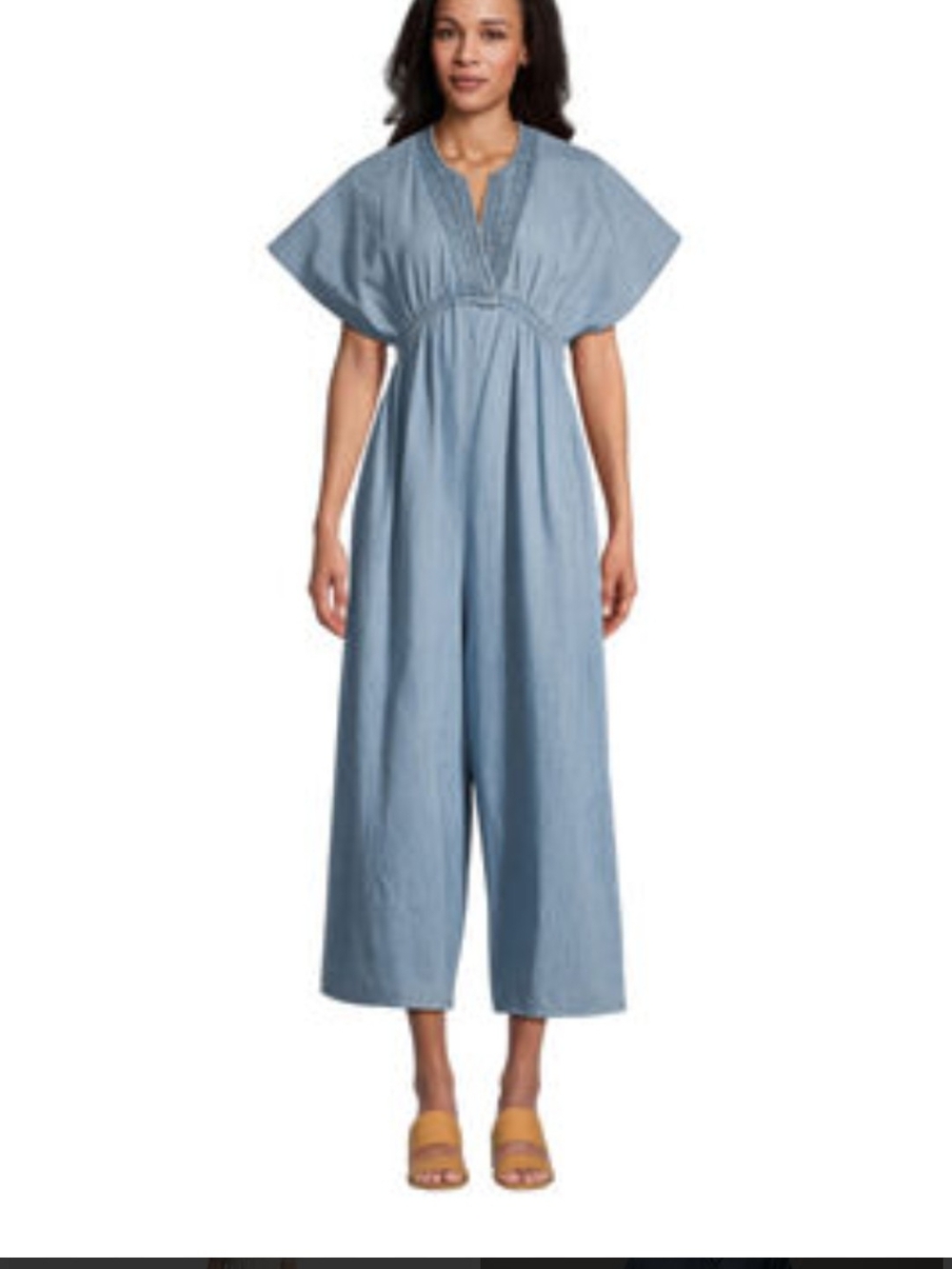 Chambray Blue Wide-Leg Jumpsuit with Flutter Sleeves